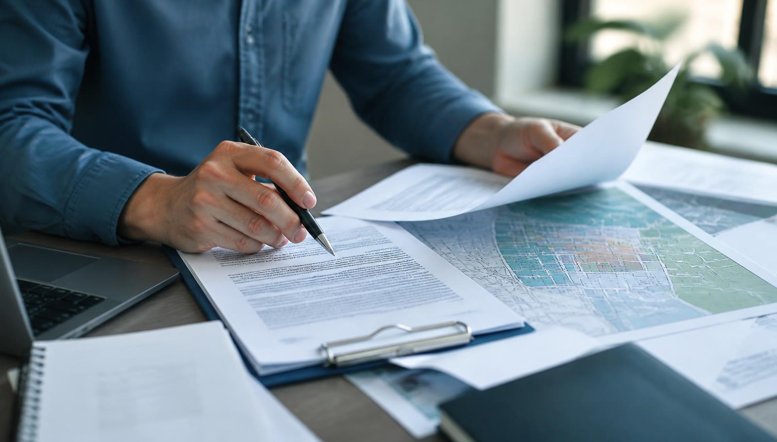 Empresário analisando documentos de abertura de empresa e mapa de zoneamento urbano sobre a mesa, ao lado de um notebook