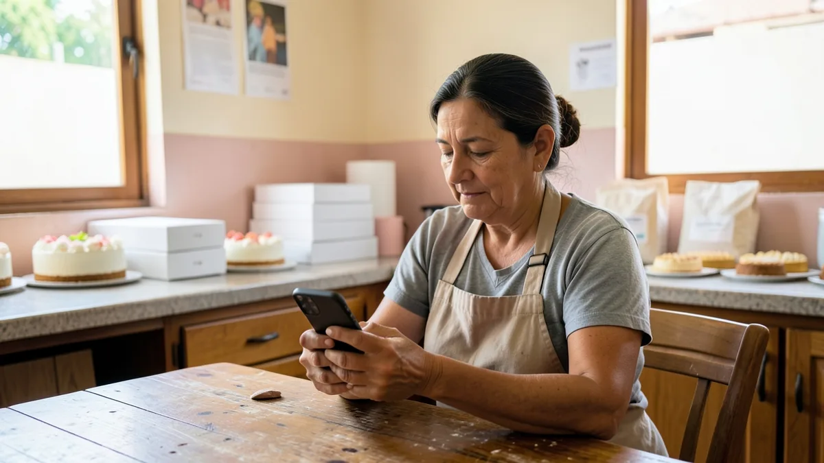 Confeiteira de avental, sozinha na cozinha de casa, sentada à mesa com o celular nas mãos, tendo bolos decorados e caixas brancas no balcão ao fundo.