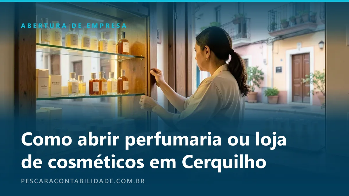 Lojista de avental claro, de perfil, arruma frascos de perfume e potes de creme em prateleiras de vidro iluminadas, com a vitrine aberta para uma rua comercial.