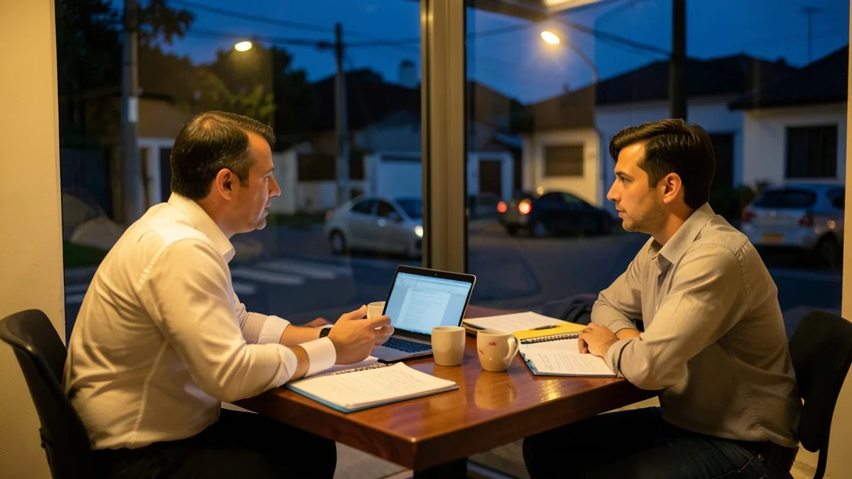 Escritório visto da calçada pelo vidro ao anoitecer, com contador e empresário conversando numa mesa de madeira com notebook, pastas e xícaras de café.