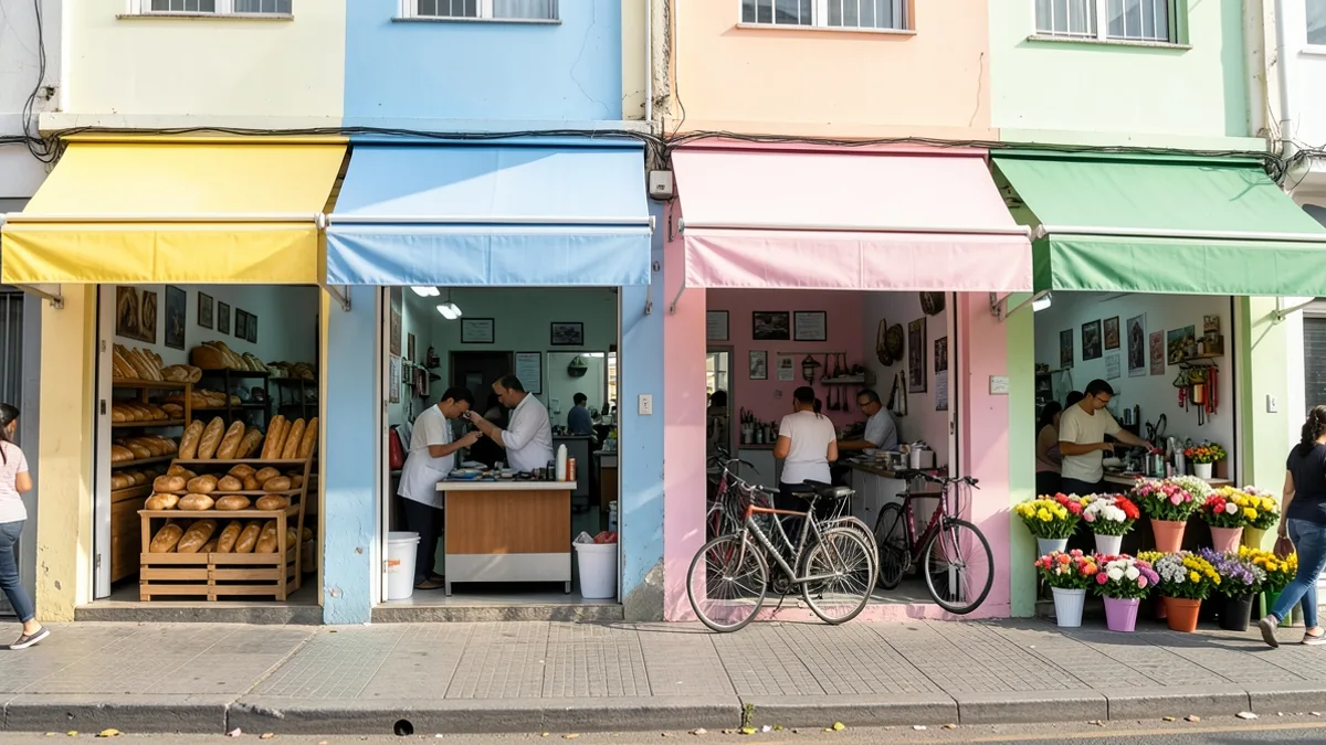 Quatro pequenos comércios vizinhos numa mesma calçada, cada um com uma atividade diferente à vista: padaria, barbearia, oficina de bicicletas e floricultura, sob toldos coloridos.