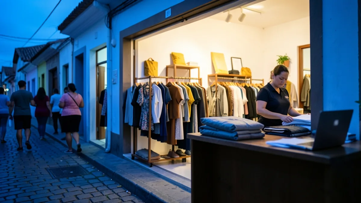 Loja de roupas vista da rua ao anoitecer, com clientes nas araras na frente e, ao fundo, funcionária embalando pedidos em sacos cinza numa bancada.