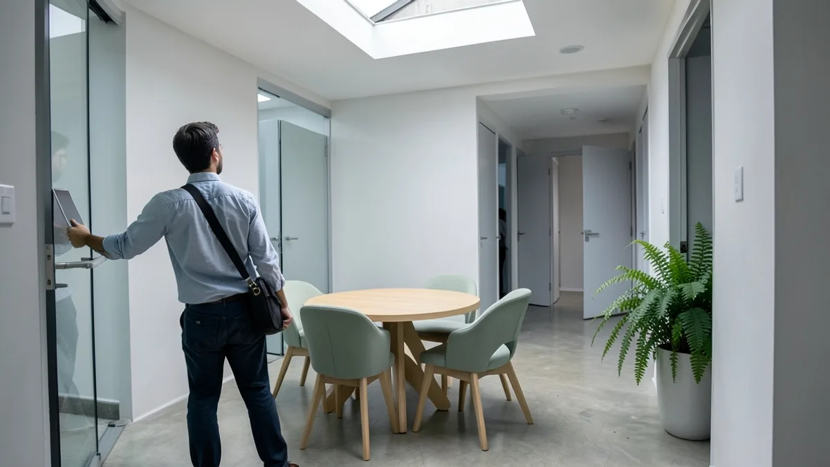 Empreendedora de costas com bolsa de notebook enquanto a anfitriã abre a porta de vidro de uma sala de reunião vazia num corredor de escritórios compartilhados.