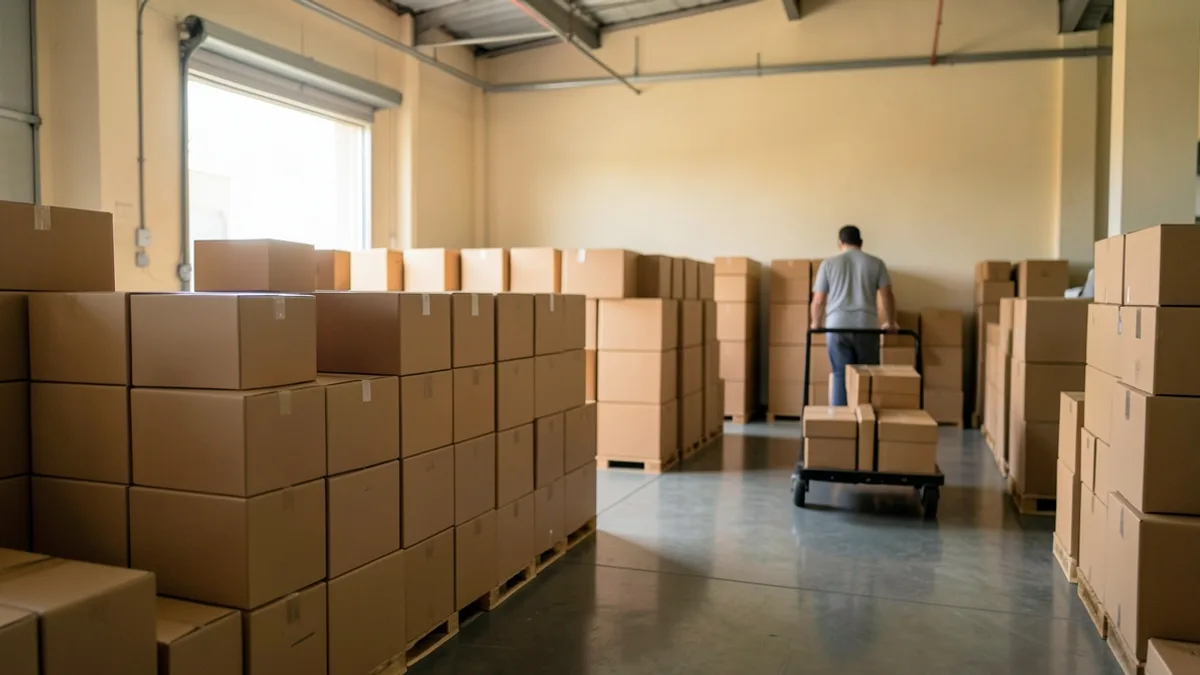 Pilhas de caixas prontas para envio em galpão de e-commerce com luz natural