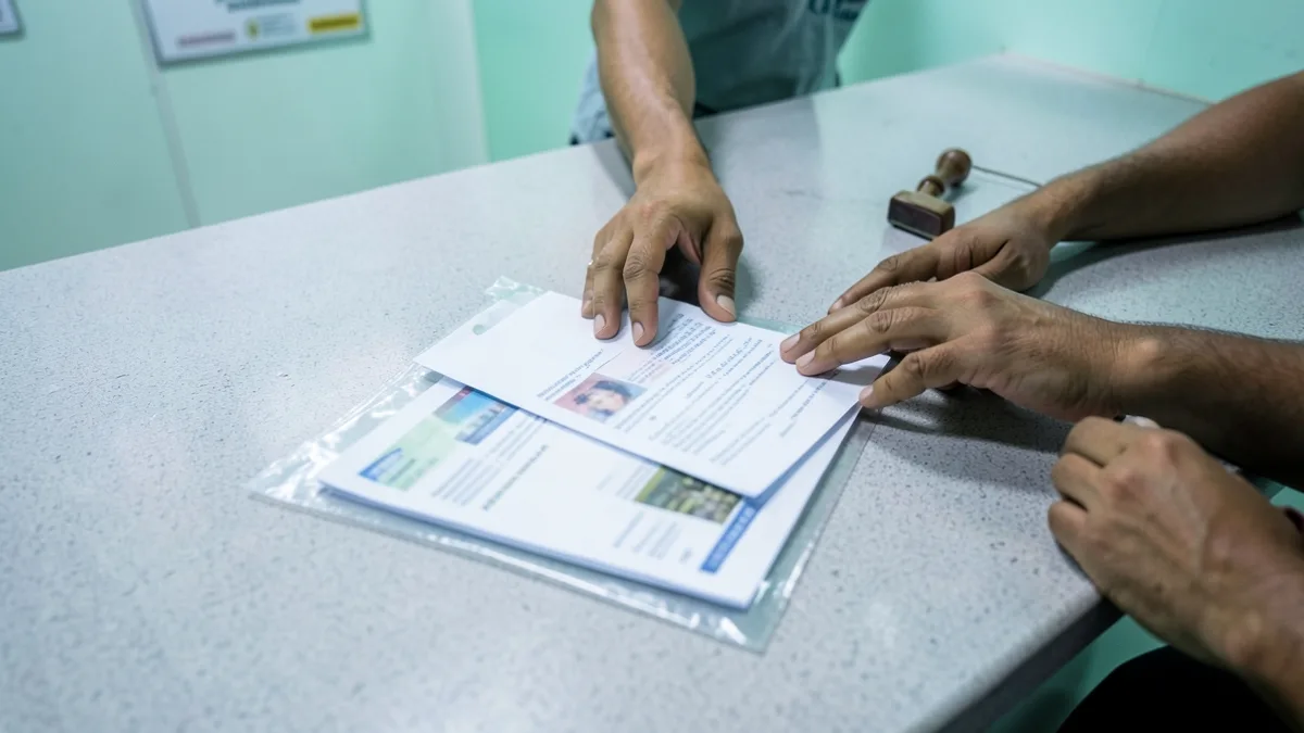 Vista de cima de balcão de atendimento da prefeitura com pasta aberta contendo documento de identidade, conta de luz e carnê de IPTU entregue ao atendente.