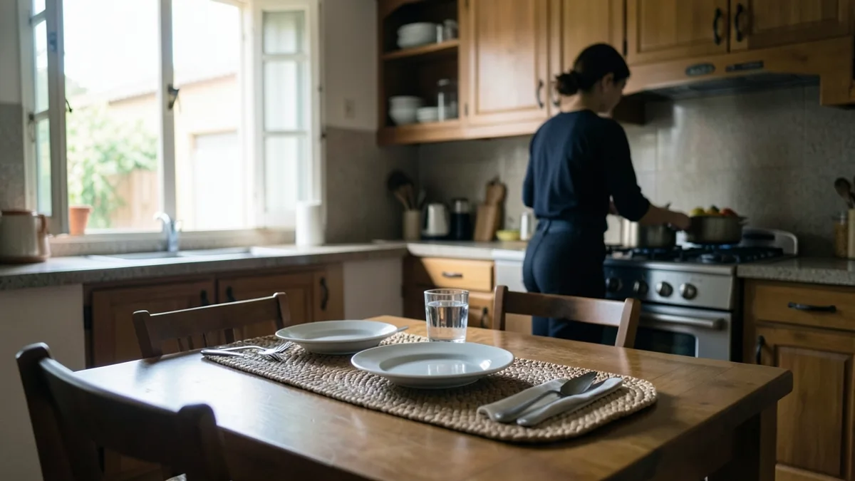 Cozinha de casa brasileira com mesa posta e pessoa de costas preparando o almoço