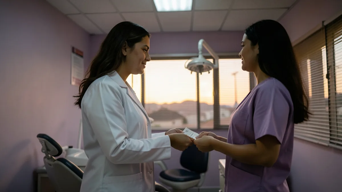 Dentista de jaleco, de perfil e desfocada, entrega envelope de holerite à assistente de uniforme lilás num consultório pequeno ao fim do dia, cadeira ao fundo.