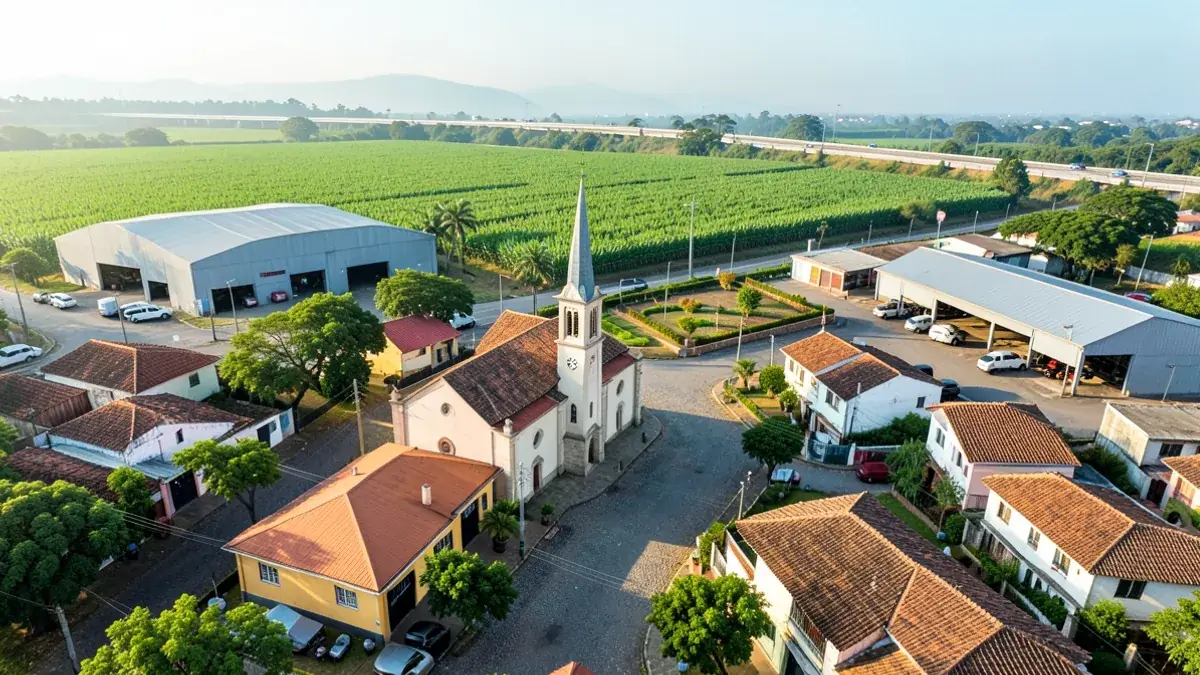 Vista aérea de cidade pequena do interior com praça e igreja no centro, casas térreas e galpões industriais na borda encontrando canaviais ao amanhecer.