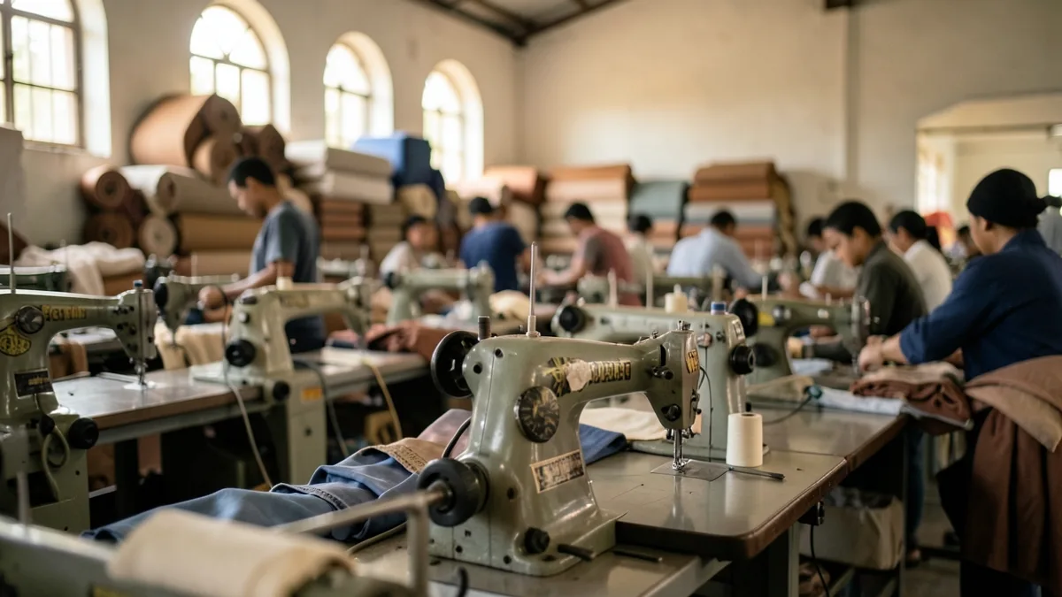 Linha de produção de pequena indústria têxtil com máquinas e rolos de tecido