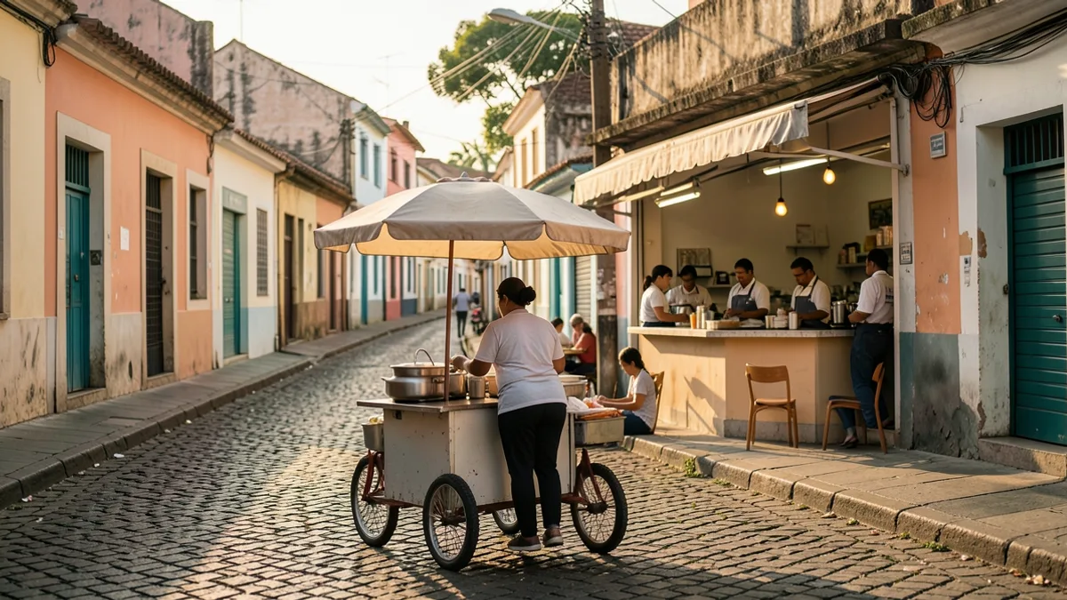 Rua do interior ao entardecer com um carrinho de lanches atendido por uma só pessoa em primeiro plano e, logo atrás, uma lanchonete com três atendentes e mesas ocupadas.