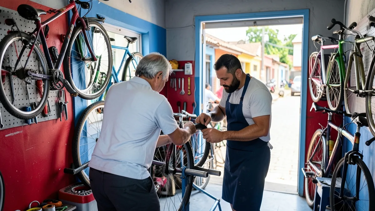 Oficina de bicicletas de bairro com dois adultos trabalhando: o dono grisalho, de costas, alinha uma roda no suporte e o único funcionário, de avental igual, monta um pneu na bancada.