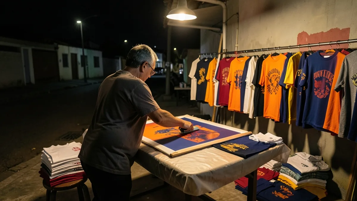 Garagem de serigrafia à noite: homem de costas passa o rodo na tela enquanto varais cheios de camisetas estampadas transbordam para a calçada.