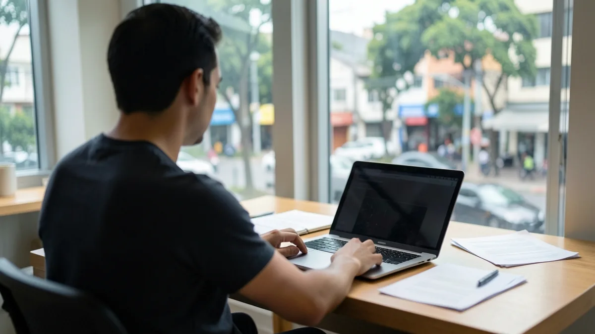 Empreendedor de costas planejando em mesa com notebook e papéis, com vista para rua da cidade