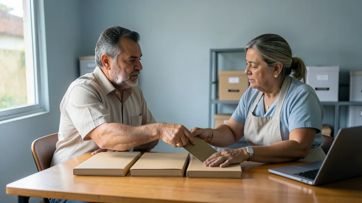 Contador e dona de padaria, de avental, sentados à mesa de um escritório simples; ele entrega a ela uma pasta, com outras três pastas fechadas enfileiradas sobre a mesa.