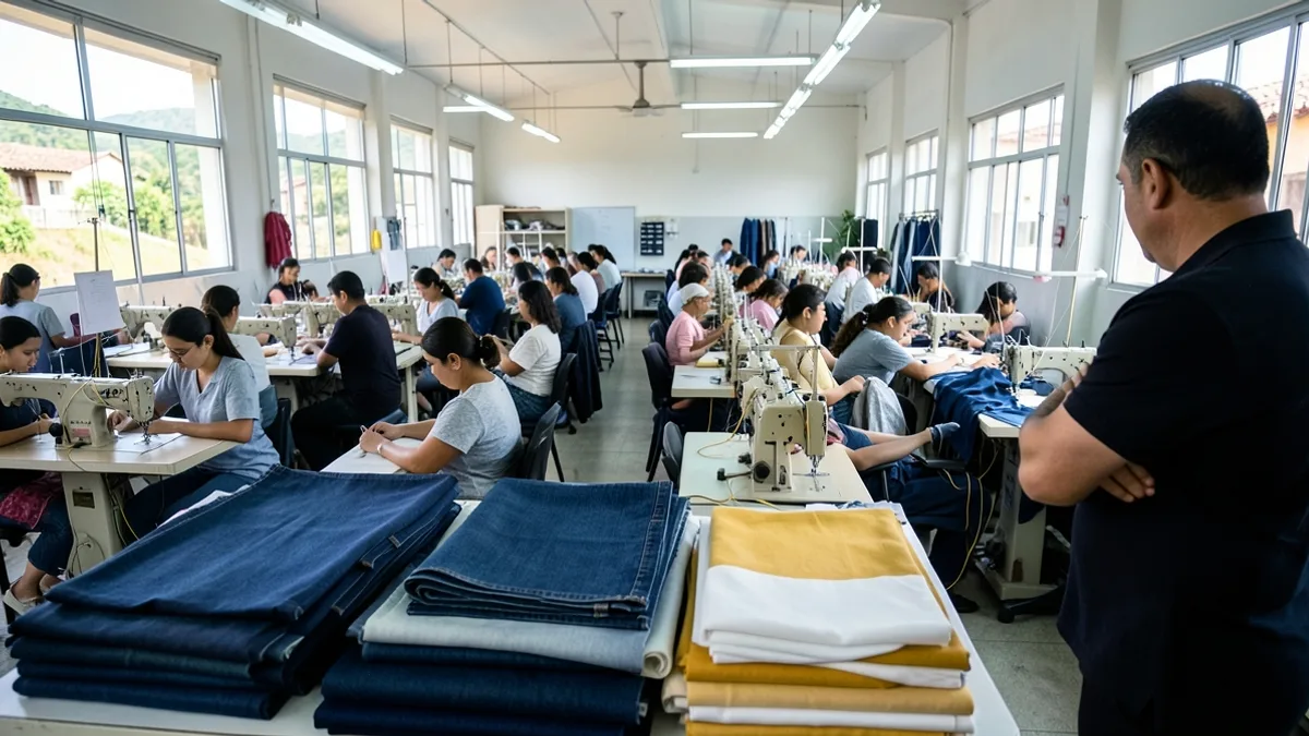 Chão de fábrica de uma confecção com fileiras de costureiras nas máquinas industriais, mesa de corte com rolos de tecido à frente e o dono, de costas, observando a linha.