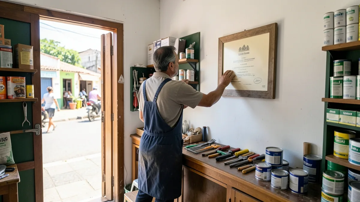 Dono de loja de ferragens, de costas e de avental, ajusta na parede atrás do balcão um quadro com certificado, com a porta da loja aberta para a rua.